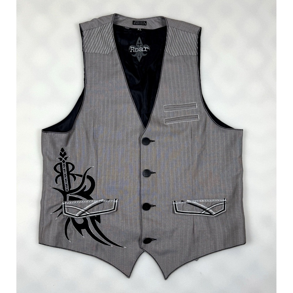 ROAR Virtuous Mens XL Vest Grey Black Pinstripe Embroidered Gothic Biker Y2K Roc